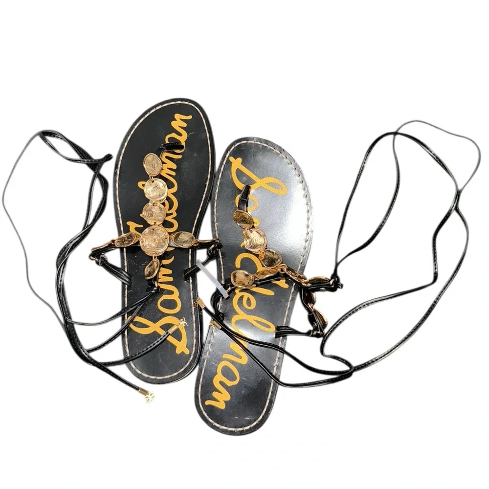 Sam Edelman Black Deirdre Wrap Leather Lace-Up Sandals Gold Coin Details Size 6 - Picture 3 of 6